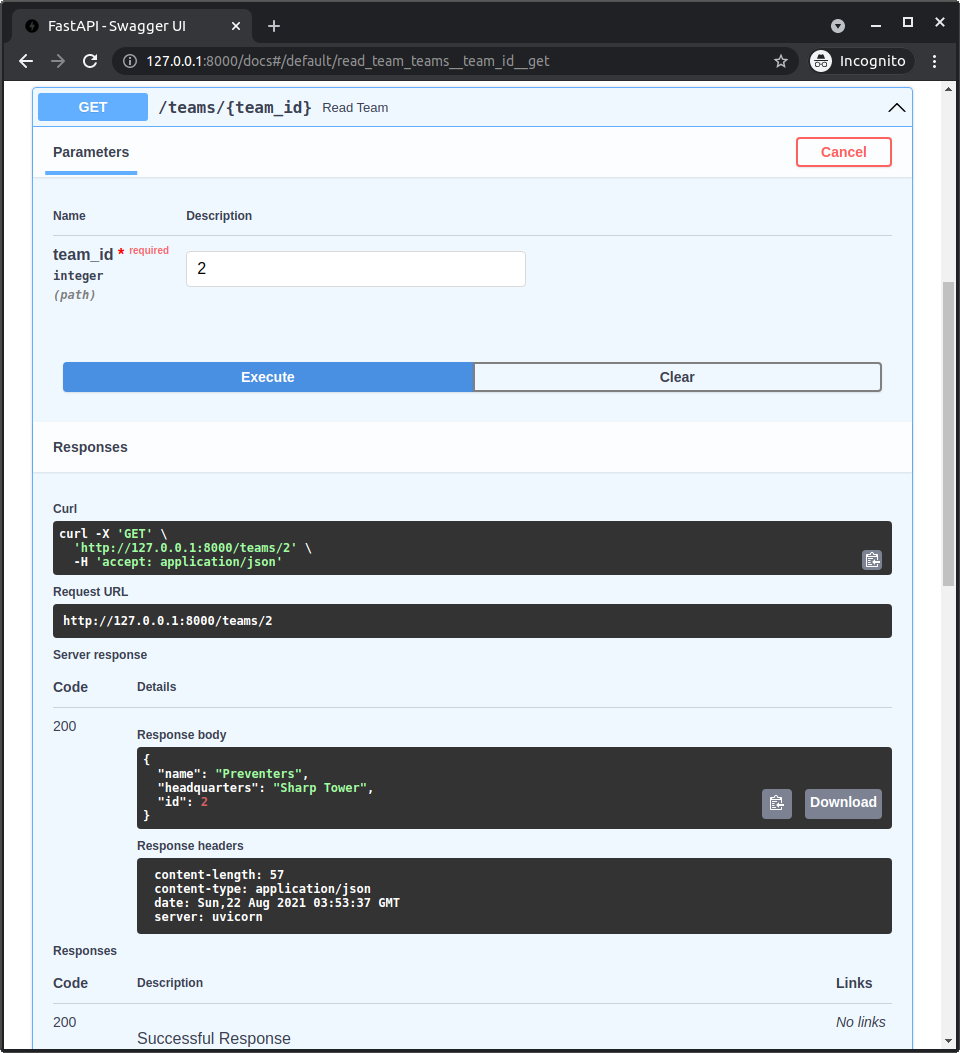 Interactive API docs UI getting a single team